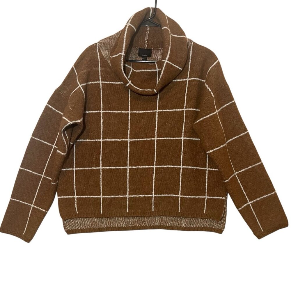 Lumiere Women Knit Sweater Pullover Size M Plaid Brown Cowl Neck Cozy Hi/Low
